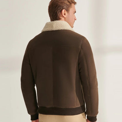 Men’s Khaki Brown Shearling Leather Bomber Jacket