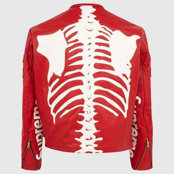 Men Red Genuine Leather Jacket With Bone Graphic Biker Style