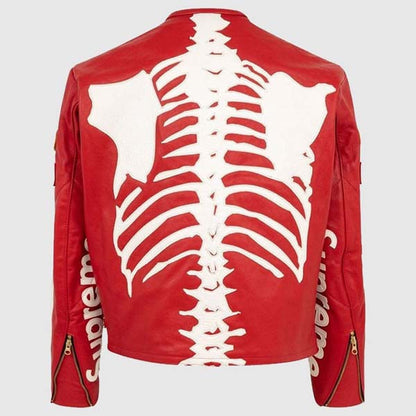 Men Red Genuine Leather Jacket With Bone Graphic Biker Style