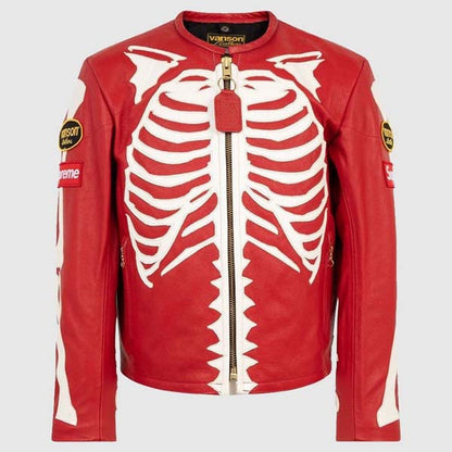 Men Red Genuine Leather Jacket With Bone Graphic Biker Style