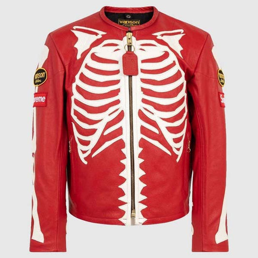 Men Red Genuine Leather Jacket With Bone Graphic Biker Style
