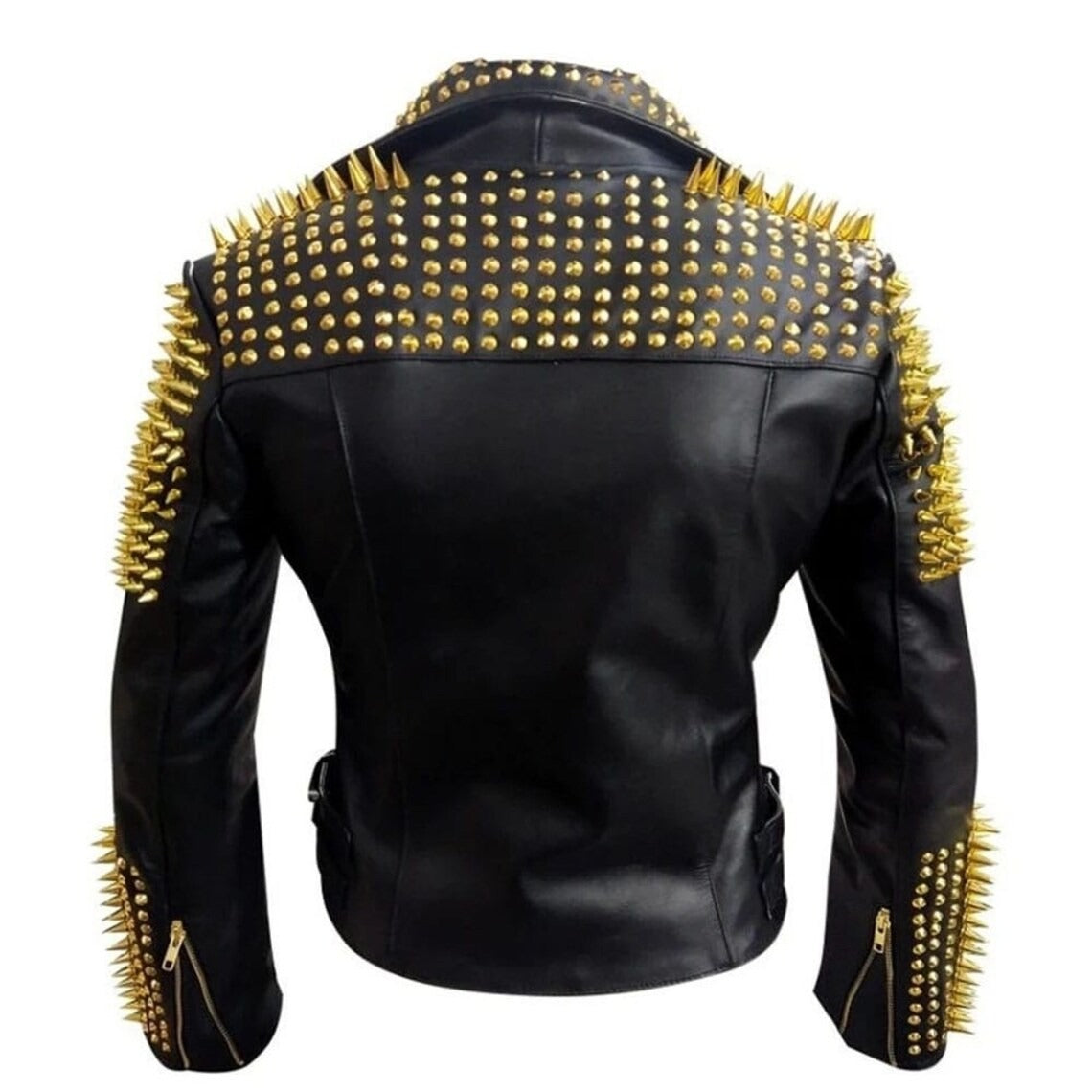 Men's Rock Punk Black Leather Jacket with Golden Studs and Spikes - Edgy Style