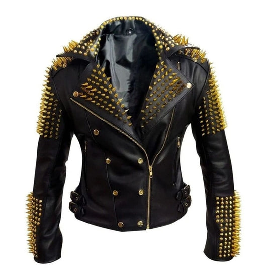 Men's Rock Punk Black Leather Jacket with Golden Studs and Spikes - Edgy Style