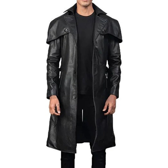Men Black Genuine Leather Trench Coat With Classic Long Duster Style