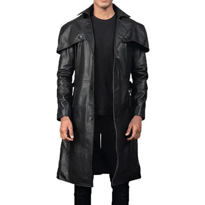 Men Black Genuine Leather Trench Coat With Classic Long Duster Style
