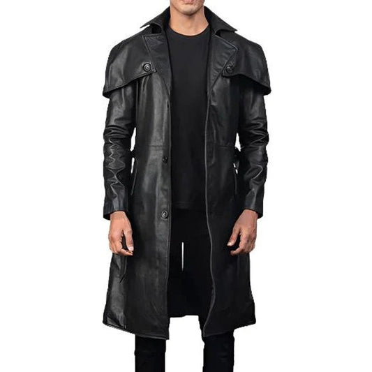 Men Black Genuine Leather Trench Coat With Classic Long Duster Style