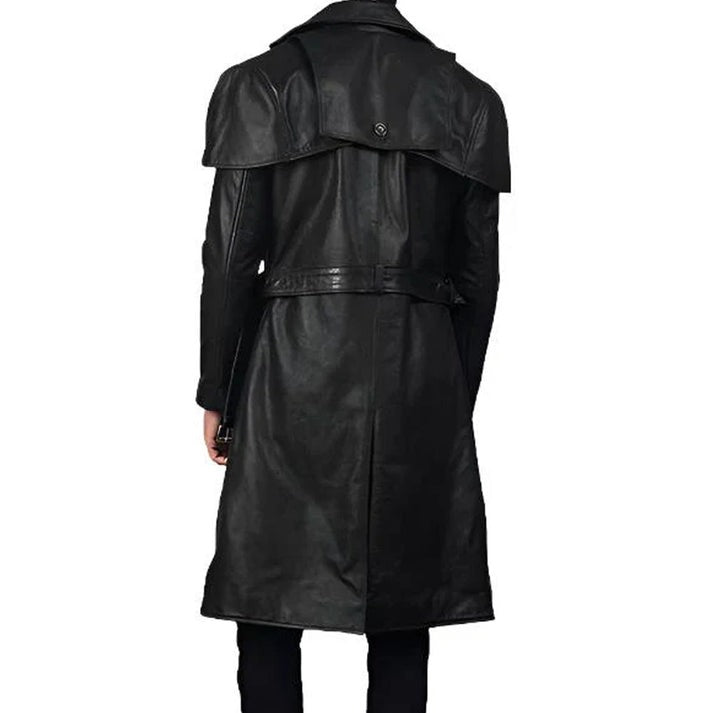 Men Black Genuine Leather Trench Coat With Classic Long Duster Style
