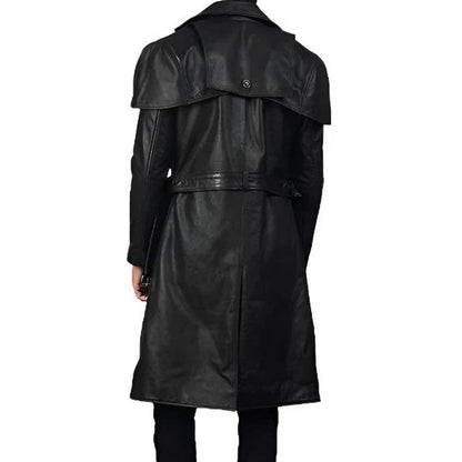 Men Black Genuine Leather Trench Coat With Classic Long Duster Style