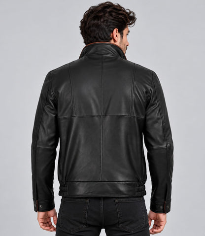 Back view of Men Black Leather Jacket With Brown Contrast Collar
