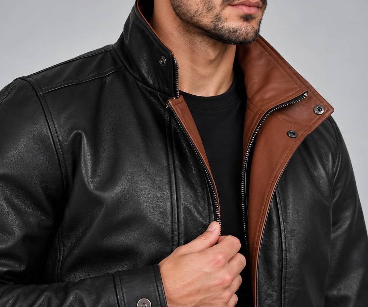 Close-up view of Men Black Leather Jacket With Brown Contrast Collar