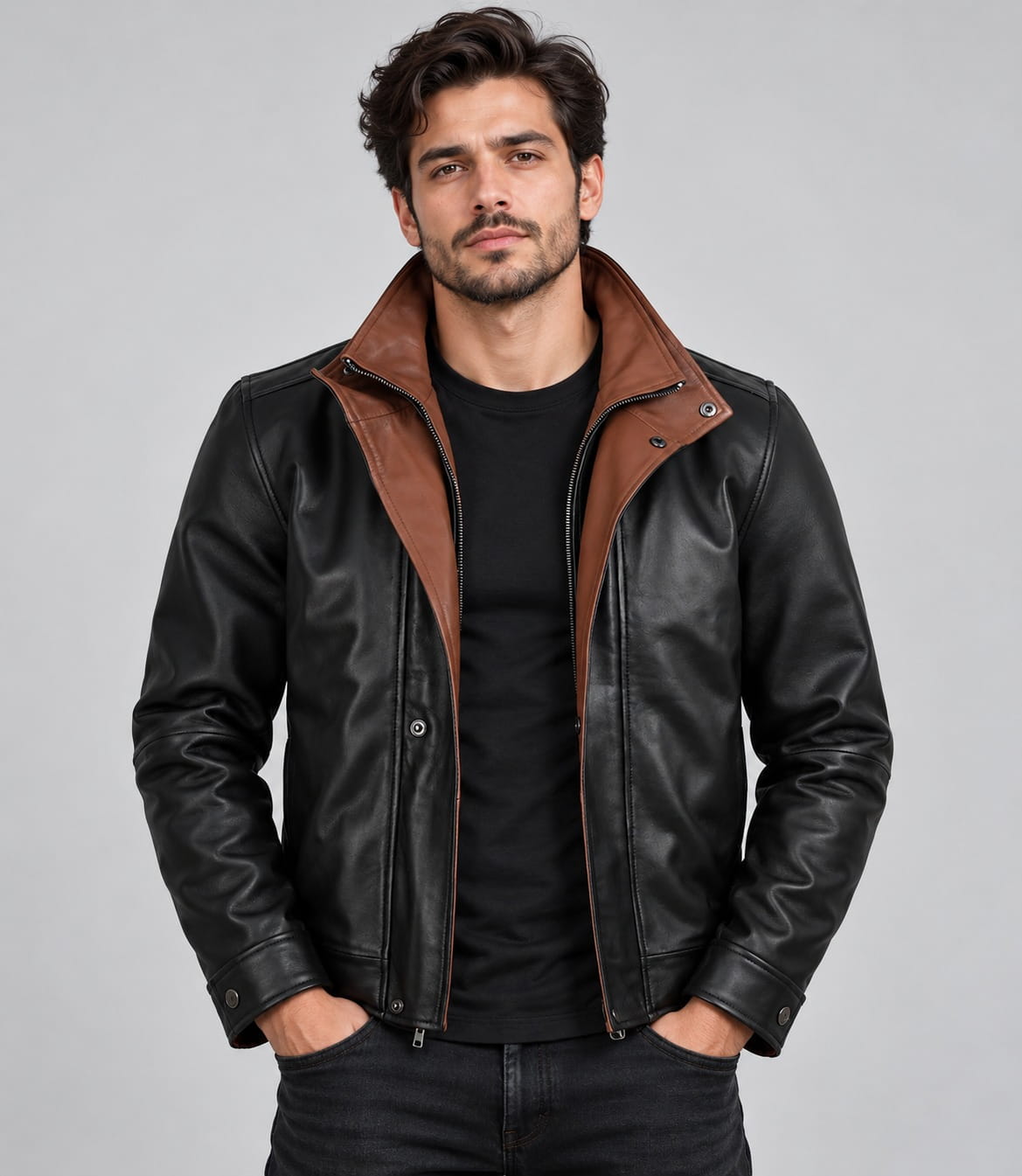 Front view of Men Black Leather Jacket With Brown Contrast Collar