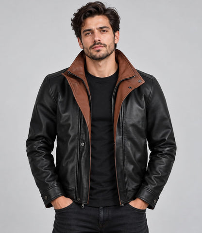 Front view of Men Black Leather Jacket With Brown Contrast Collar