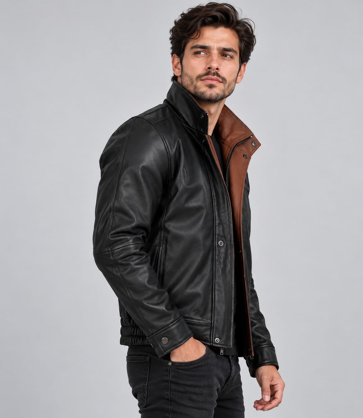 Side view of Men Black Leather Jacket With Brown Contrast Collar