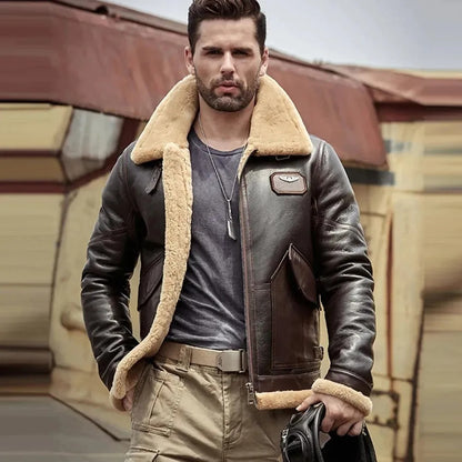 Men Brown Lambskin Leather Flight Jacket With Shearling Collar and Wings of Gold Patch