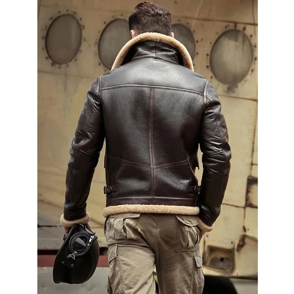 Men Brown Lambskin Leather Flight Jacket With Shearling Collar and Wings of Gold Patch