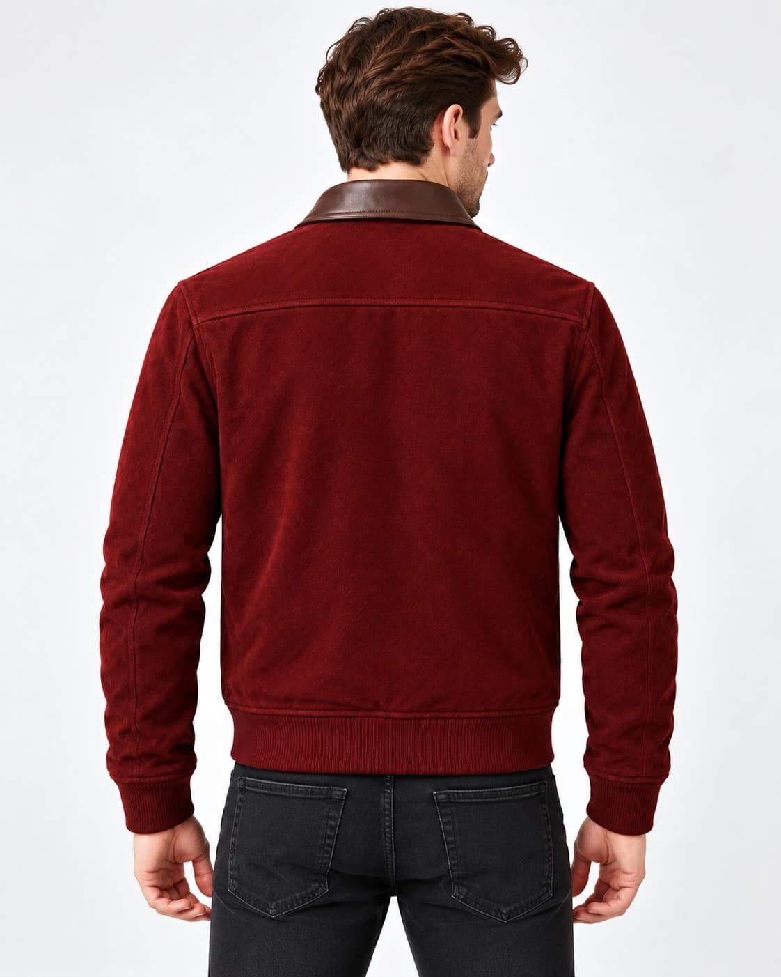 Back view of men's burgundy suede leather zip up bomber jacket with ribbed hem