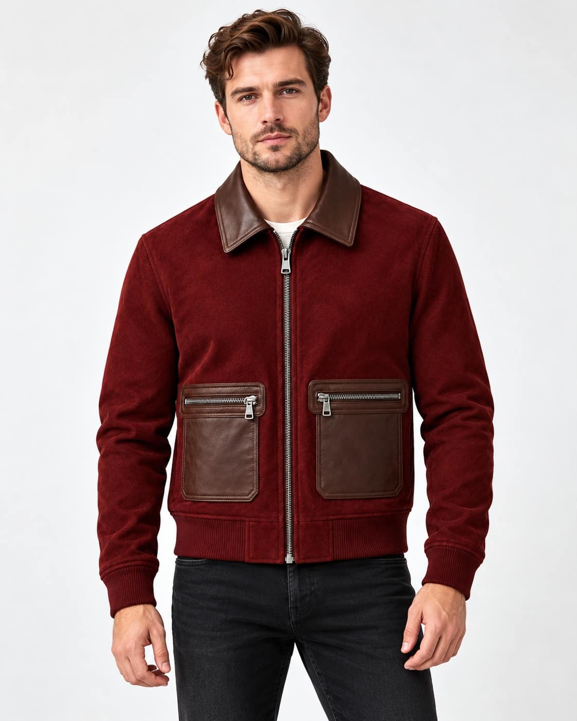 Front view of men's burgundy suede leather zip up bomber jacket with brown leather collar