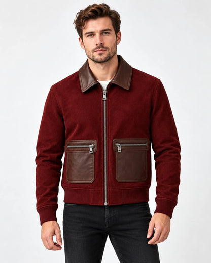 Front view of men's burgundy suede leather zip up bomber jacket with brown leather collar