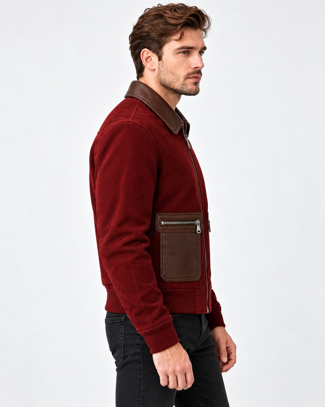 Side view of men's burgundy suede leather zip up bomber jacket