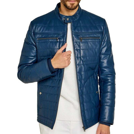 Men Cobalt Blue Genuine Leather Jacket With Striped Stitching