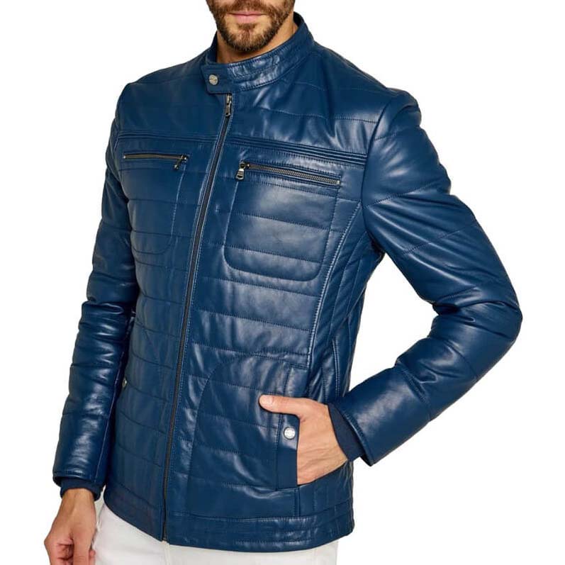 Men Cobalt Blue Genuine Leather Jacket With Striped Stitching 
