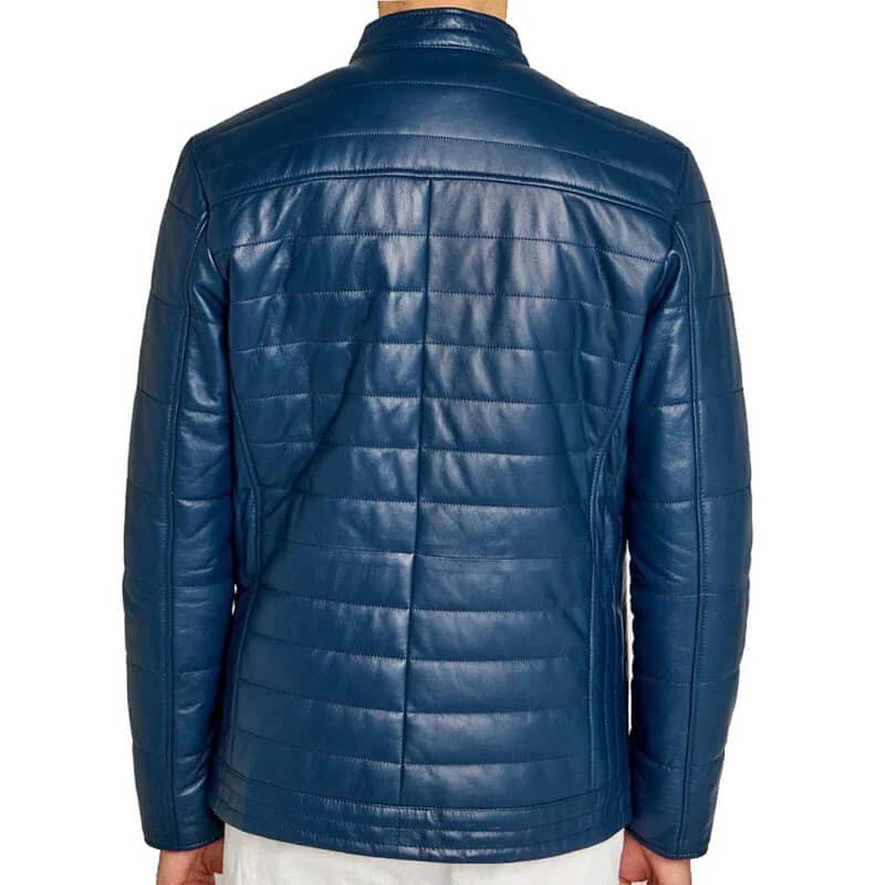 Men Cobalt Blue Genuine Leather Jacket With Striped Stitching