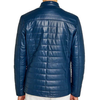 Men Cobalt Blue Genuine Leather Jacket With Striped Stitching