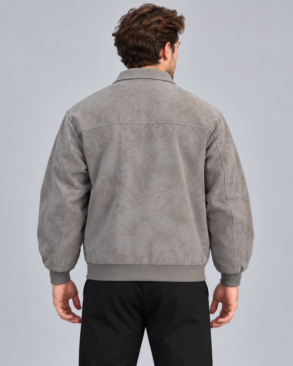 Back view of Men Grey Suede Leather Bomber Jacket