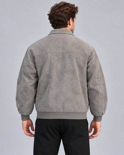 Back view of Men Grey Suede Leather Bomber Jacket