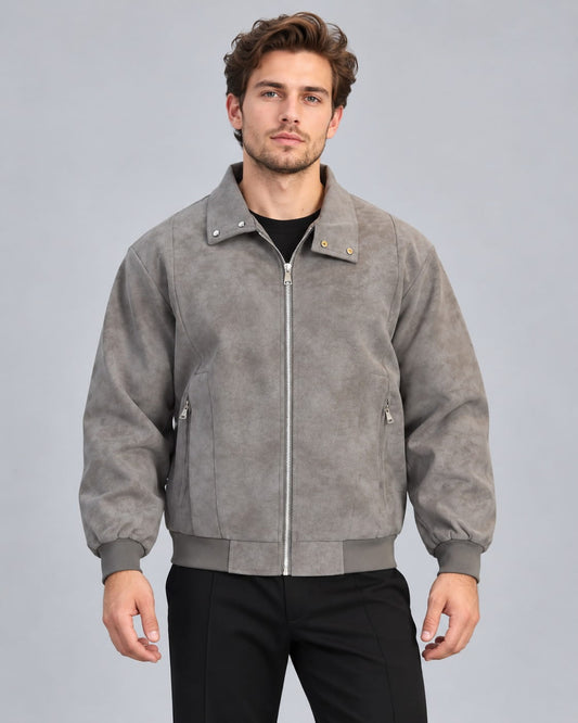 Front view of Men Grey Suede Leather Bomber Jacket