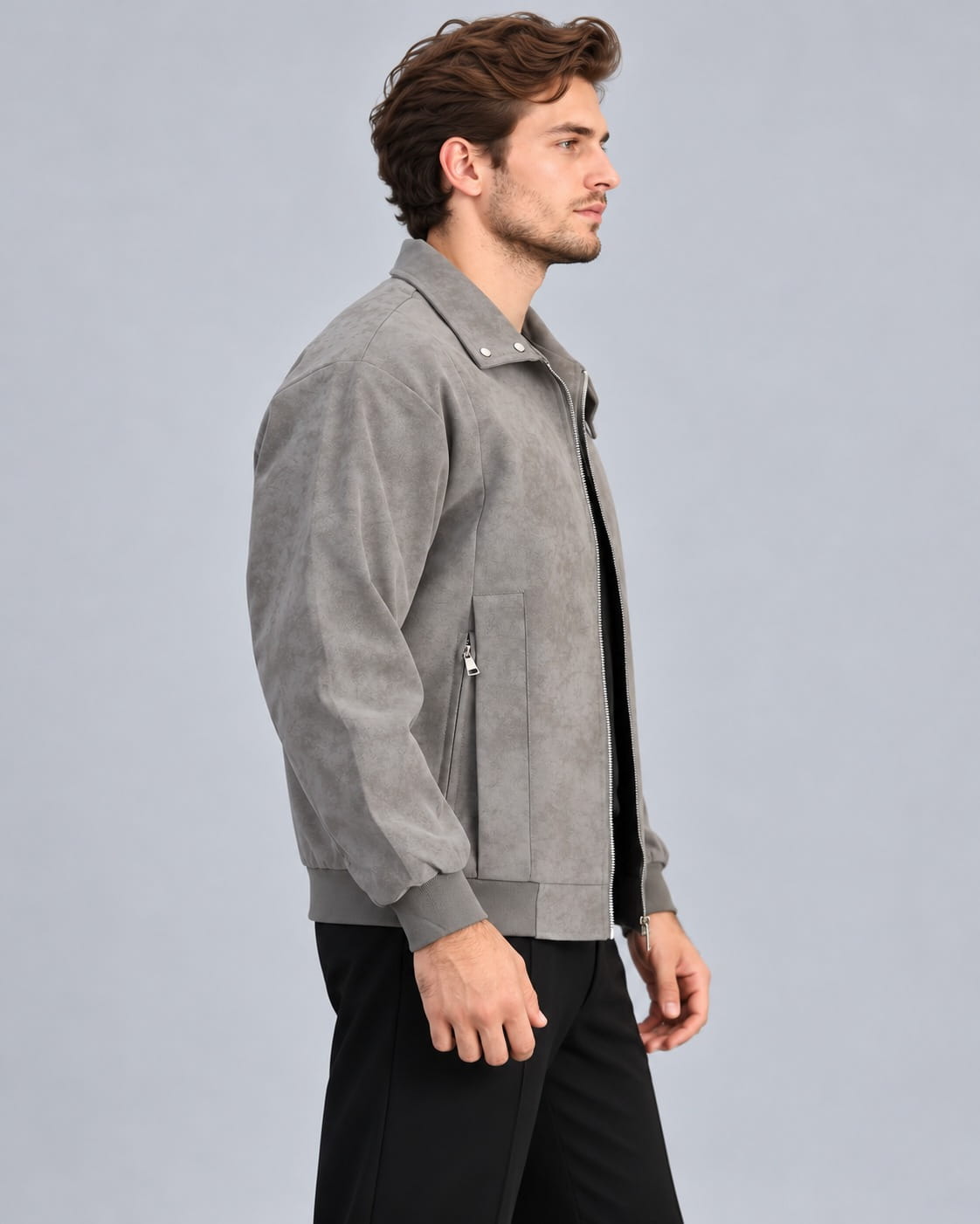Side view of Men Grey Suede Leather Bomber Jacket