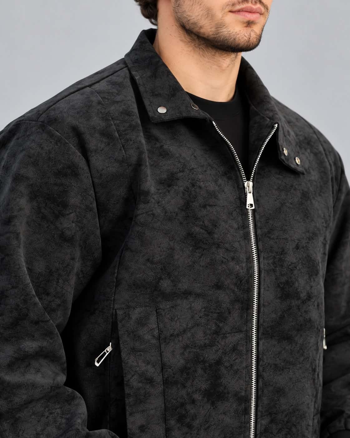 Clouse up view of Men Suede Leather Bomber Jacket Premium Outerwear