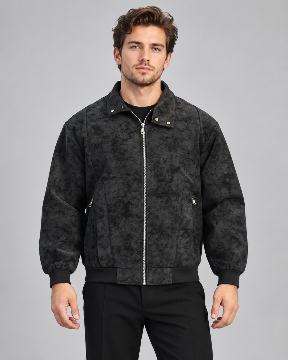Front view of Men Suede Leather Bomber Jacket Premium Outerwear