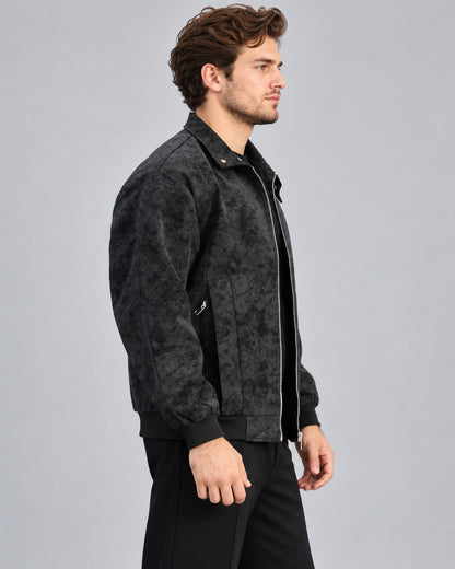 Side view of Men Suede Leather Bomber Jacket Premium Outerwear