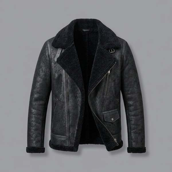 Men's Black B3 Shearling Leather Flying Jacket with Aviator Style