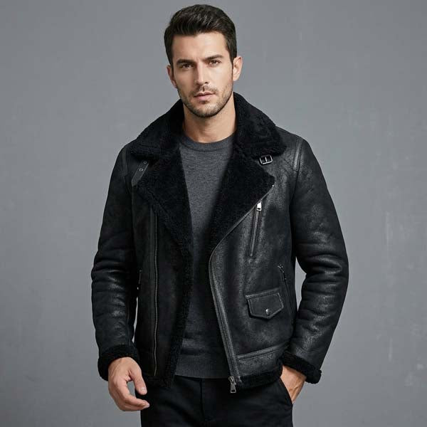 Men's Black B3 Shearling Leather Flying Jacket with Aviator Style