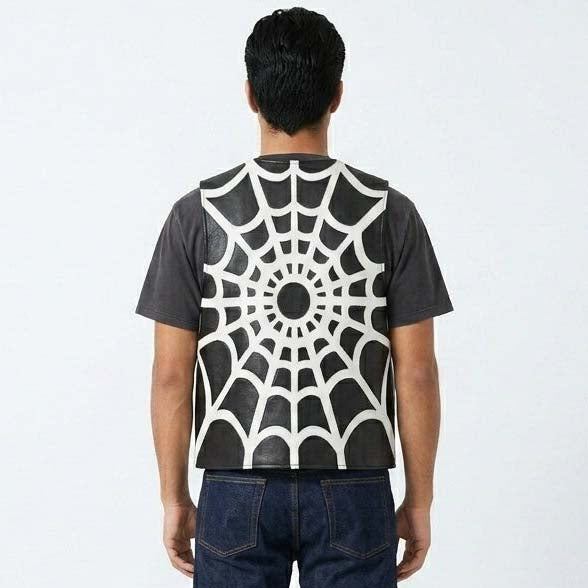 Men's Black Genuine Leather Vest with Spider Web Design