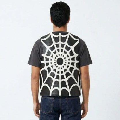 Men's Black Genuine Leather Vest with Spider Web Design