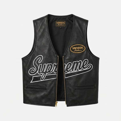 Men's Black Genuine Leather Vest with Spider Web Design
