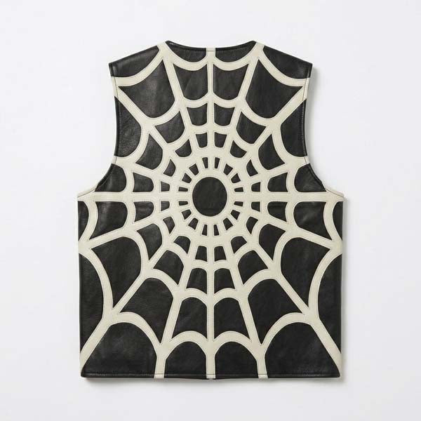 Men's Black Genuine Leather Vest with Spider Web Design