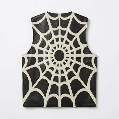 Men's Black Genuine Leather Vest with Spider Web Design