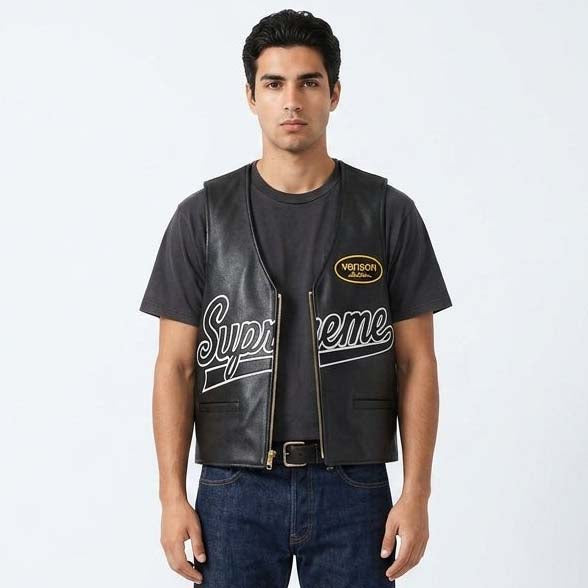 Men's Black Genuine Leather Vest with Spider Web Design