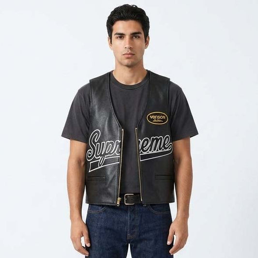 Men's Black Genuine Leather Vest with Spider Web Design