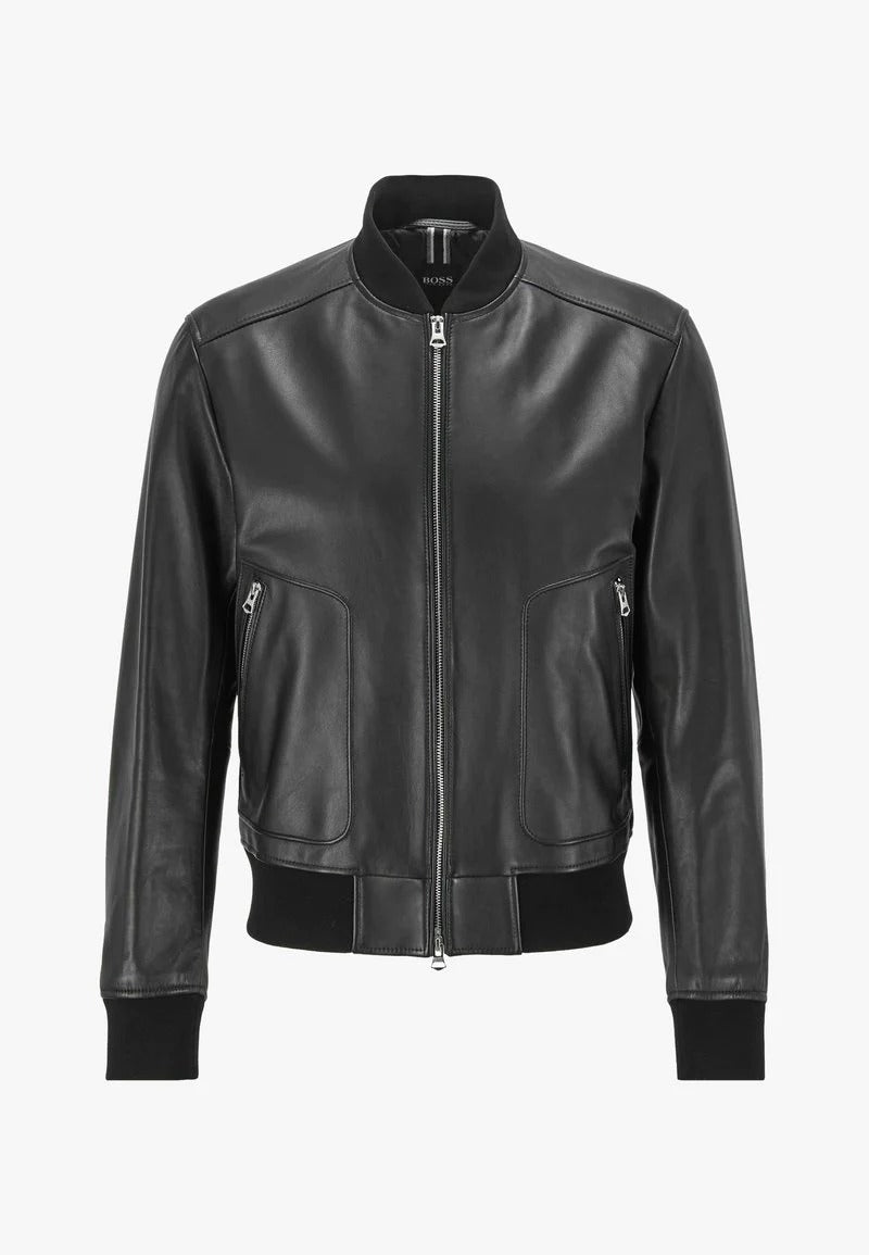 Men's Black Leather Bomber Jacket - Classic Style