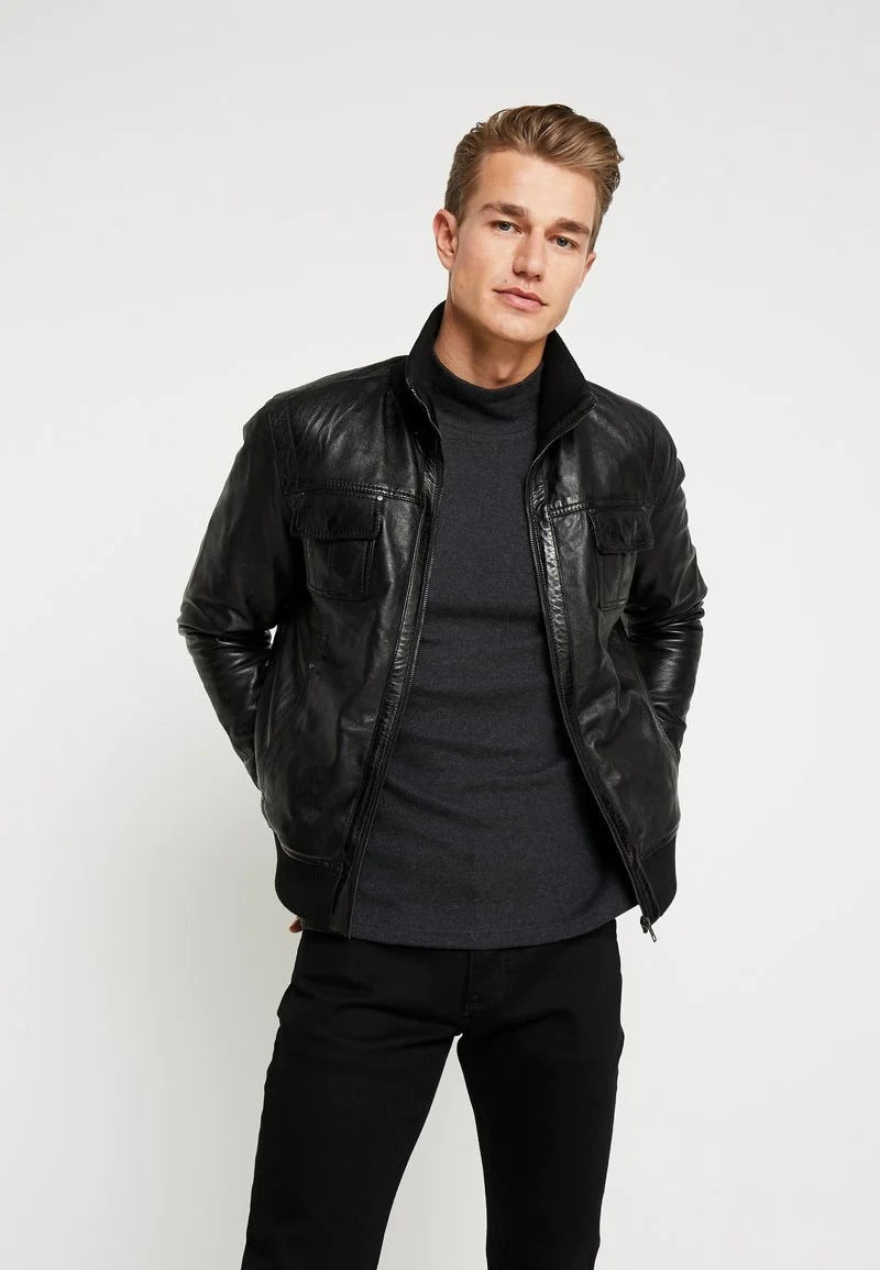 Men's Black Leather Bomber Jacket - Classic Style