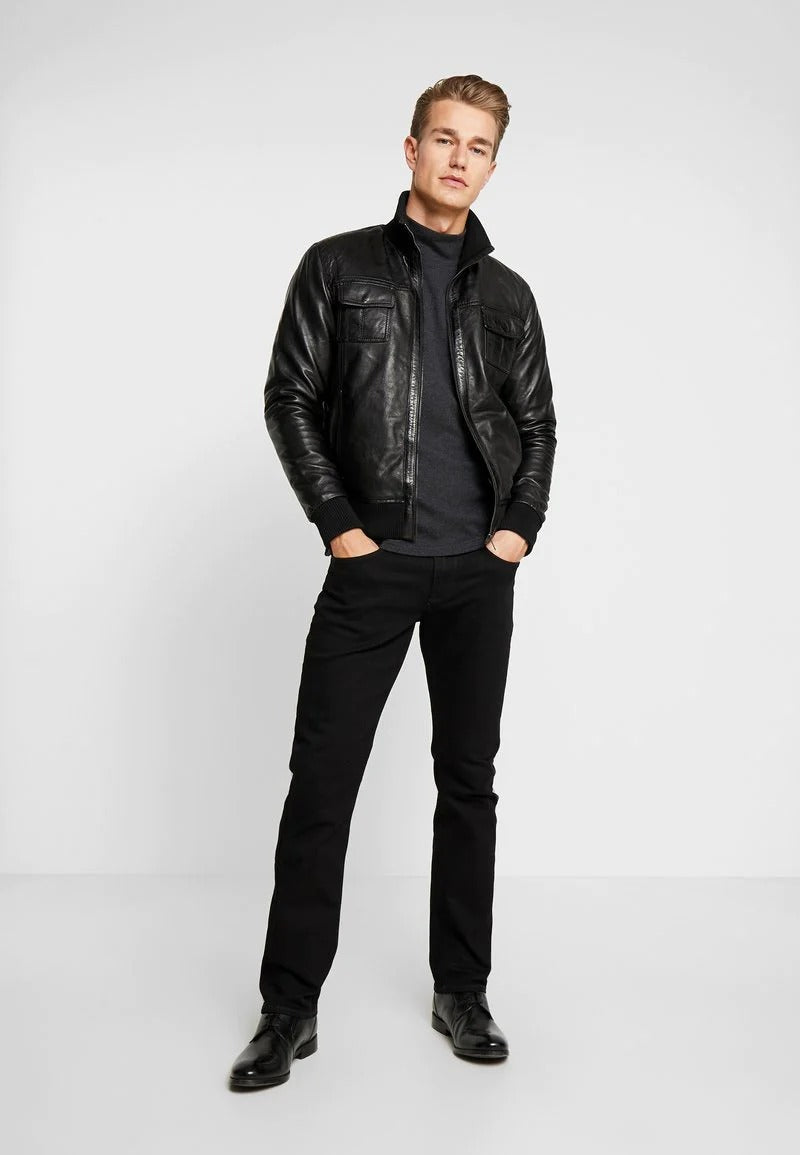 Men's Black Leather Bomber Jacket - Classic Style