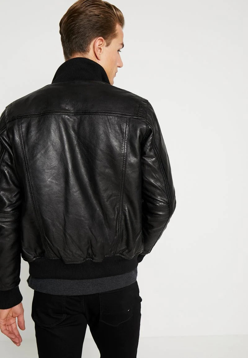 Men's Black Leather Bomber Jacket - Classic Style