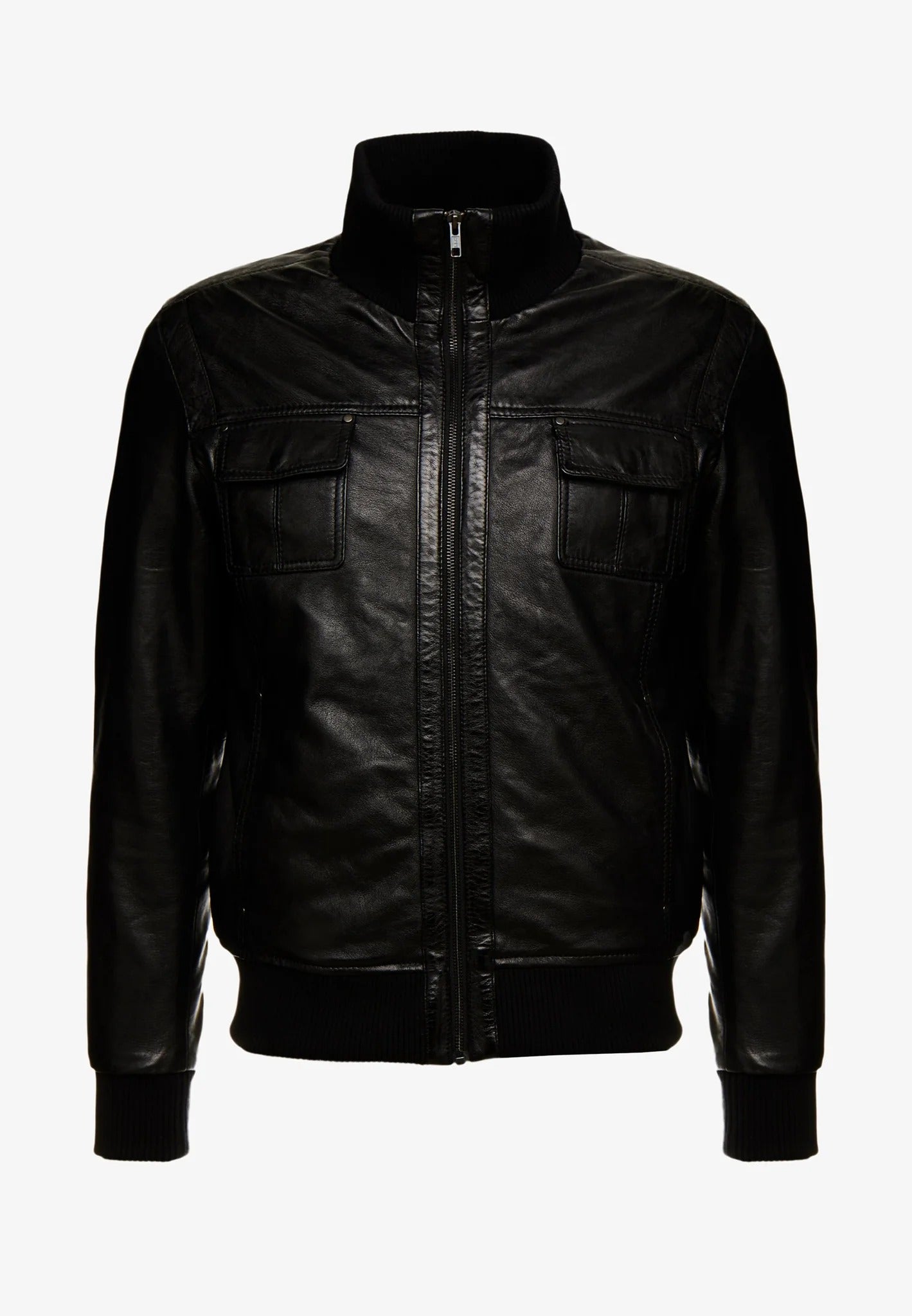 Men's Black Leather Bomber Jacket - Classic Style