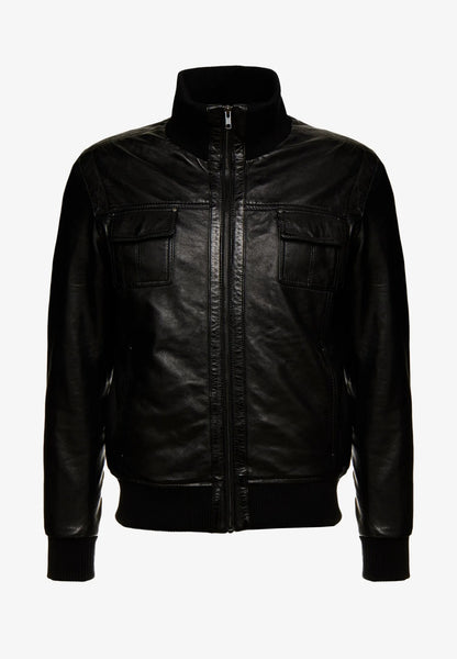 Men's Black Leather Bomber Jacket - Classic Style