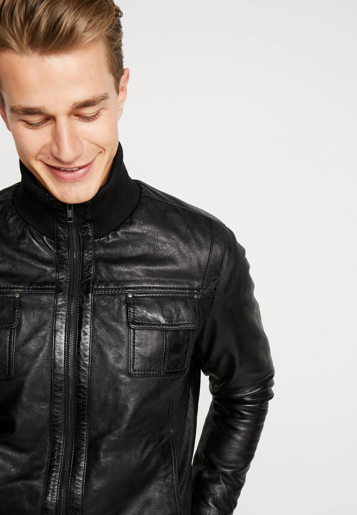 Men's Black Leather Bomber Jacket - Classic Style